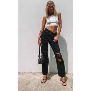 Princess Polly Holly asymmetric ripped leg jeans black denim sz 6